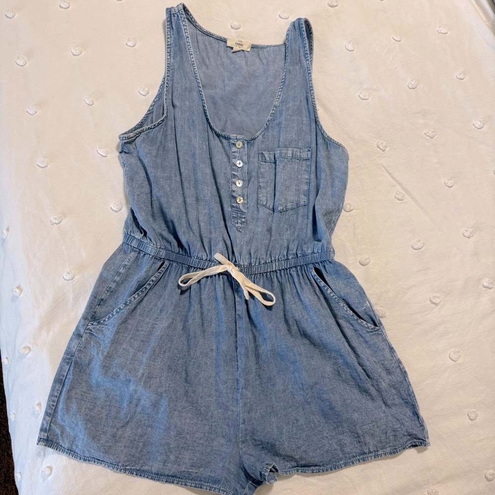 Blue Chambray Tank Romper | Size L | Pockets | looks like denim | front buttons